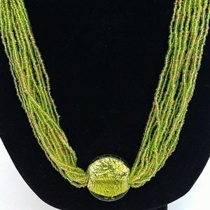 Long Lime Green Statement Necklace Glass Beads